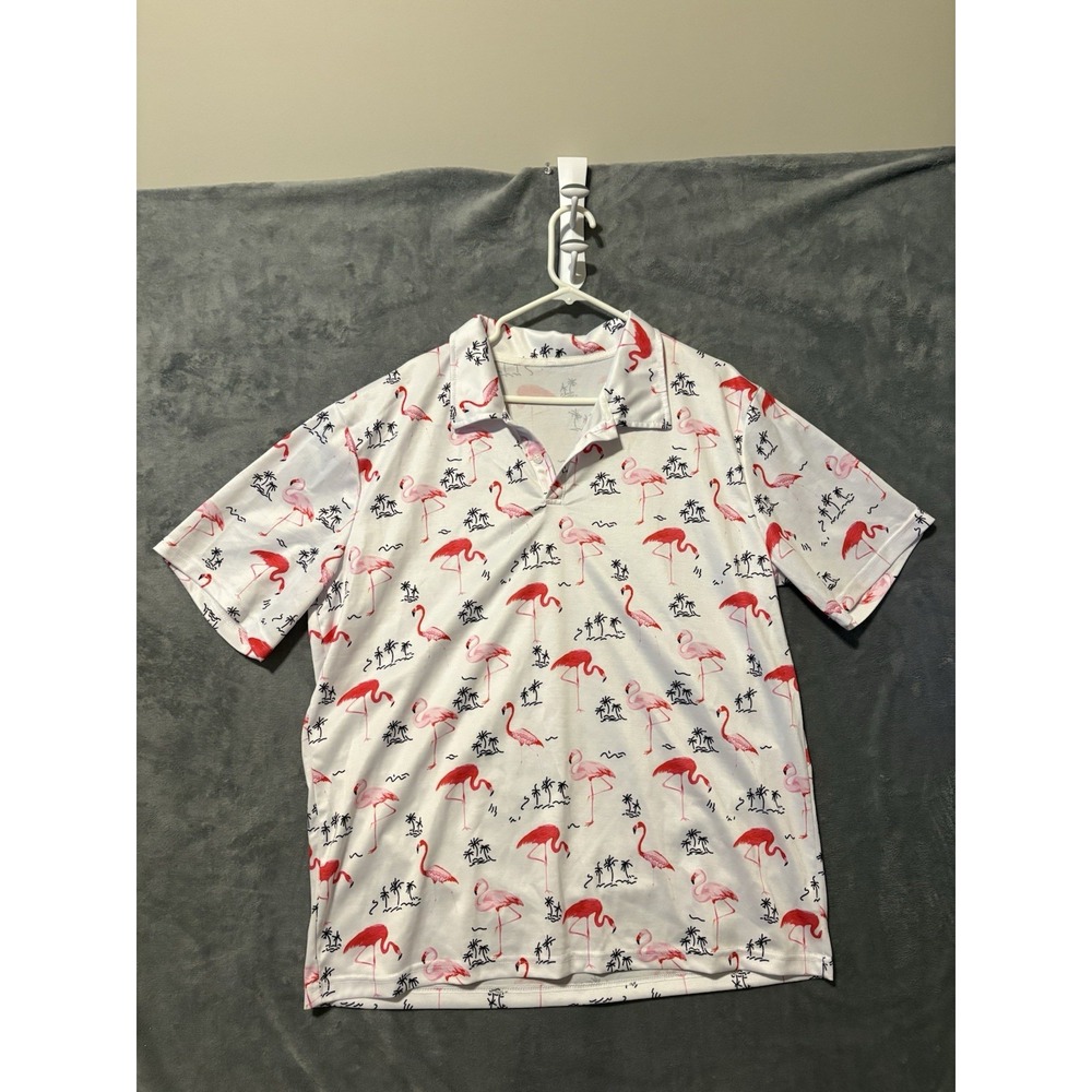 Women Flamingo Print Polo Shirt White Pink Tropical Short Sleeve Top XXL